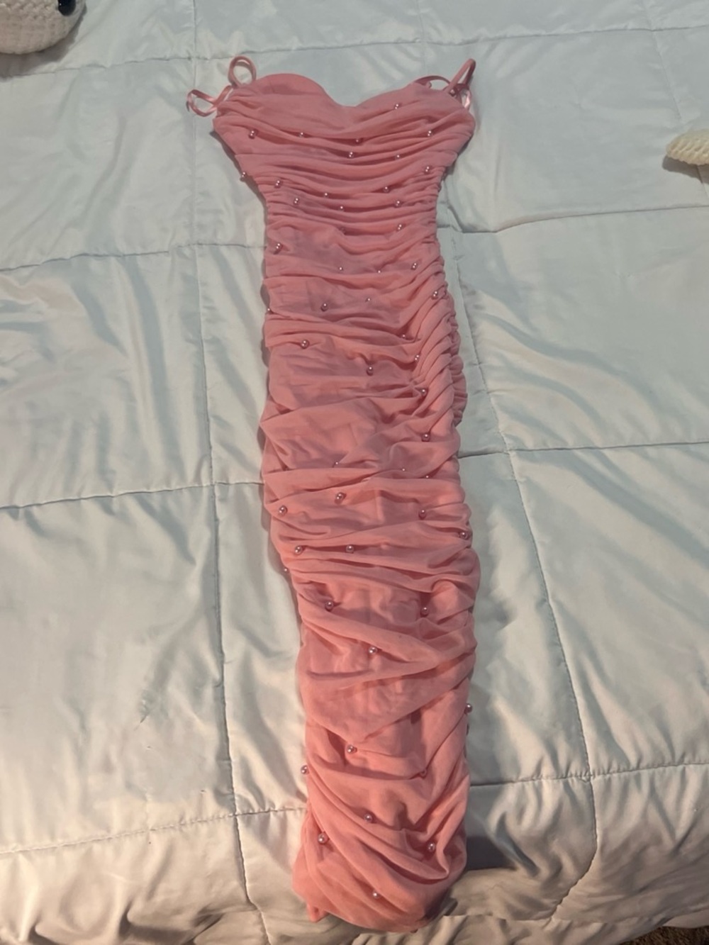 Windsor Pink Strapless Ruched Pearl-Accent Bodycon Dress